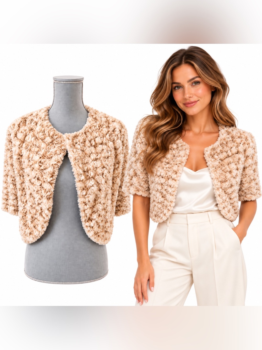 Vine Street Made in USA Cream Rosette Faux Fur Open-Front Shrug